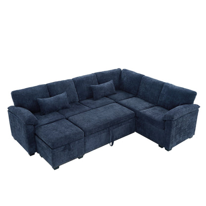 Modern L-Shaped Chenille Sectional Sofa with Pull-Out Sleeper, Storage Seats, Ottoman and 2 Pillows for Living Room