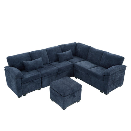 Modern L-Shaped Chenille Sectional Sofa with Pull-Out Sleeper, Storage Seats, Ottoman and 2 Pillows for Living Room