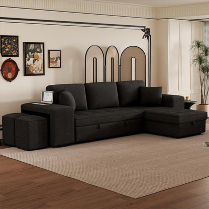 Modern L-Shaped Pull-Out Sectional Sofa Bed with Reversible Chaise, Storage and 2 Stools for Living Room Apartment