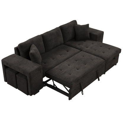 Modern L-Shaped Pull-Out Sectional Sofa Bed with Reversible Chaise, Storage and 2 Stools for Living Room Apartment