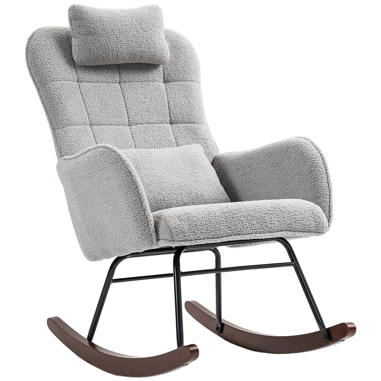 Modern Upholstered Rocking Nursery Glider Chair with High Backrest, Headrest and Lumbar Pillow for Living Room or Bedroom