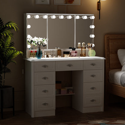 Modern White Makeup Vanity Fold Mirror Adjustable Lighting Dressing - 40.2x54.1