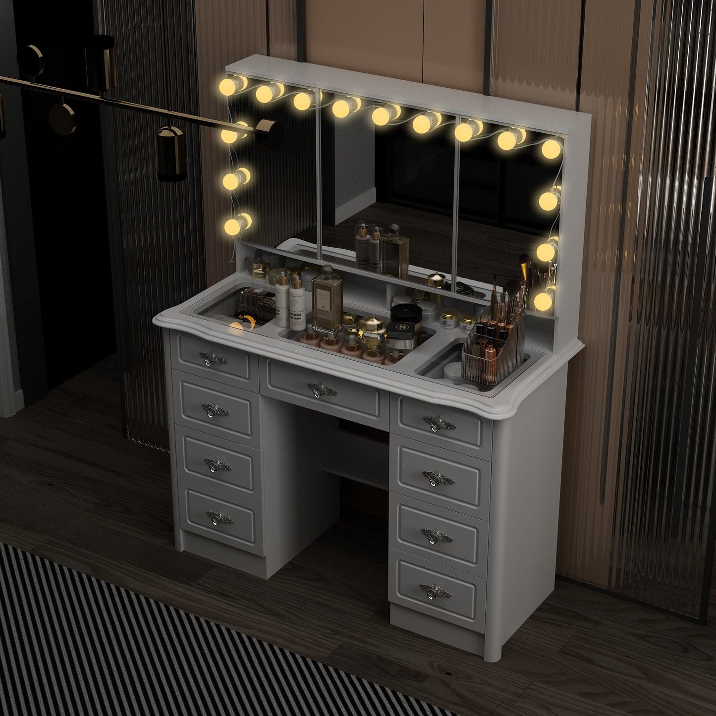 Modern White Makeup Vanity Fold Mirror Adjustable Lighting Dressing - 40.2x54.1