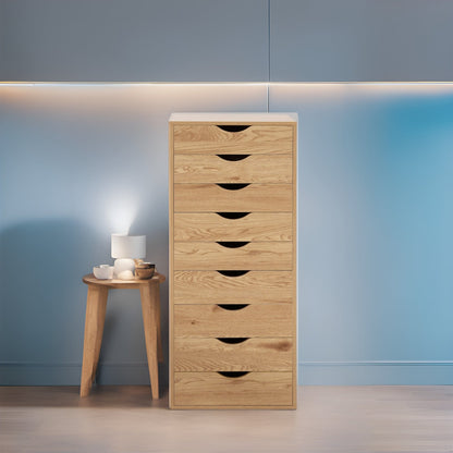 Narrow Wooden 9-Drawer Cabinet with Smooth-Glide Drawers and Top Storage Shelf