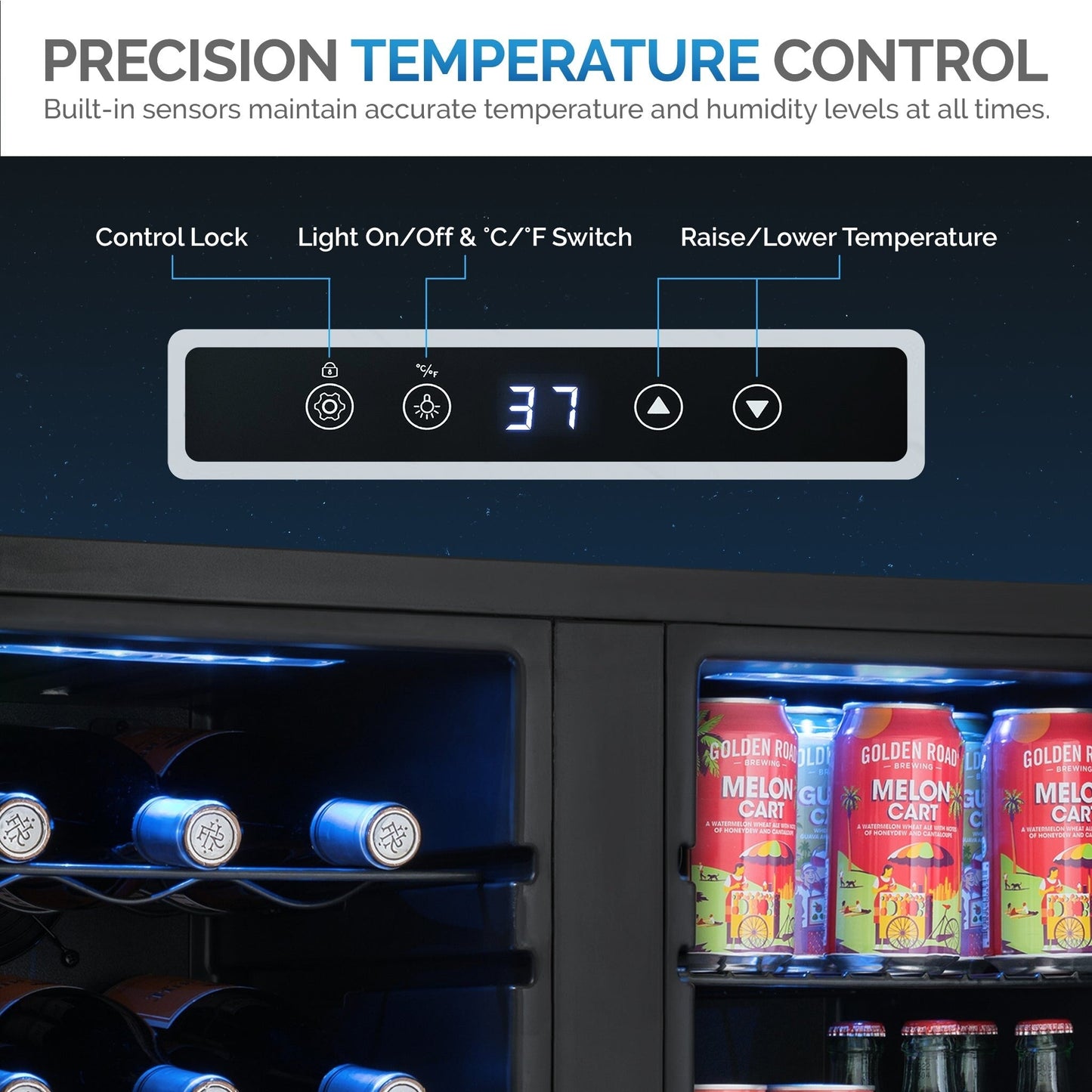 Newair Wine and Beverage Refrigerator, 18 Bottles & 59 Cans, Dual Temperature Zones, Freestanding, Digital Temperature Control