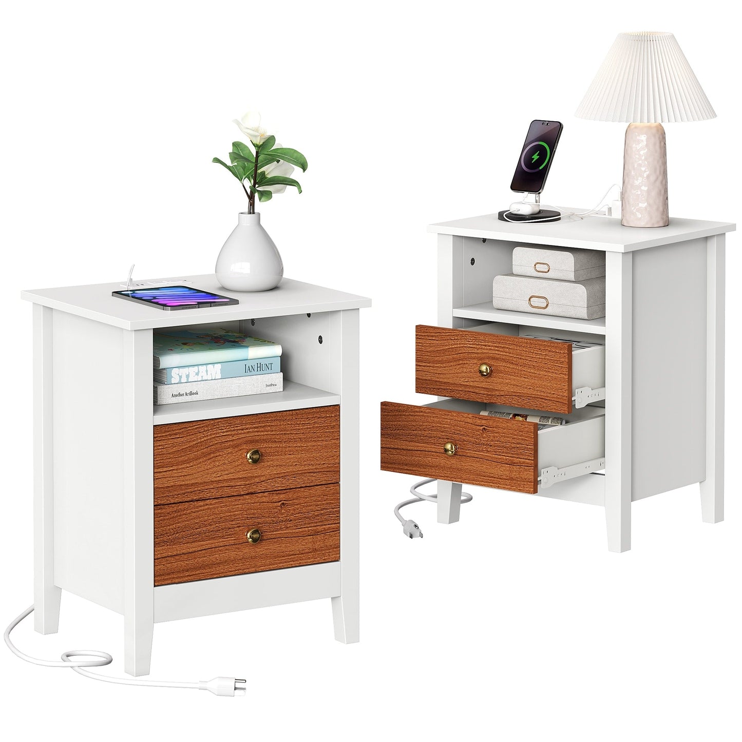 Nightstand Set of 2 with Charging Station End Side Table with 2 Drawers with USB Ports and Outlets Bedside Bed