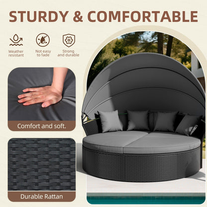 Nuon 4-piece Outdoor Black Wicker Patio Round Daybed Sectional Sofa Set with Retractable Canopy by Havenside Home