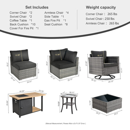 OVIOS Deep Seat Wicker 11-piece Sectional Set Swivel Chairs Fire Pit