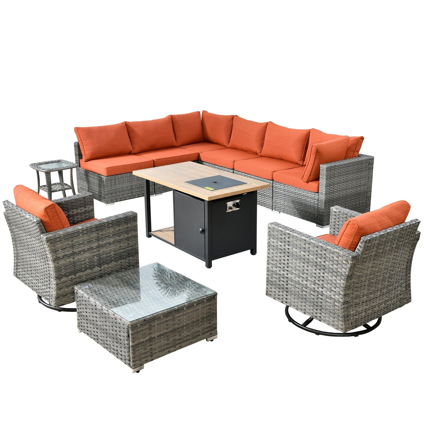 OVIOS Deep Seat Wicker 11-piece Sectional Set Swivel Chairs Fire Pit