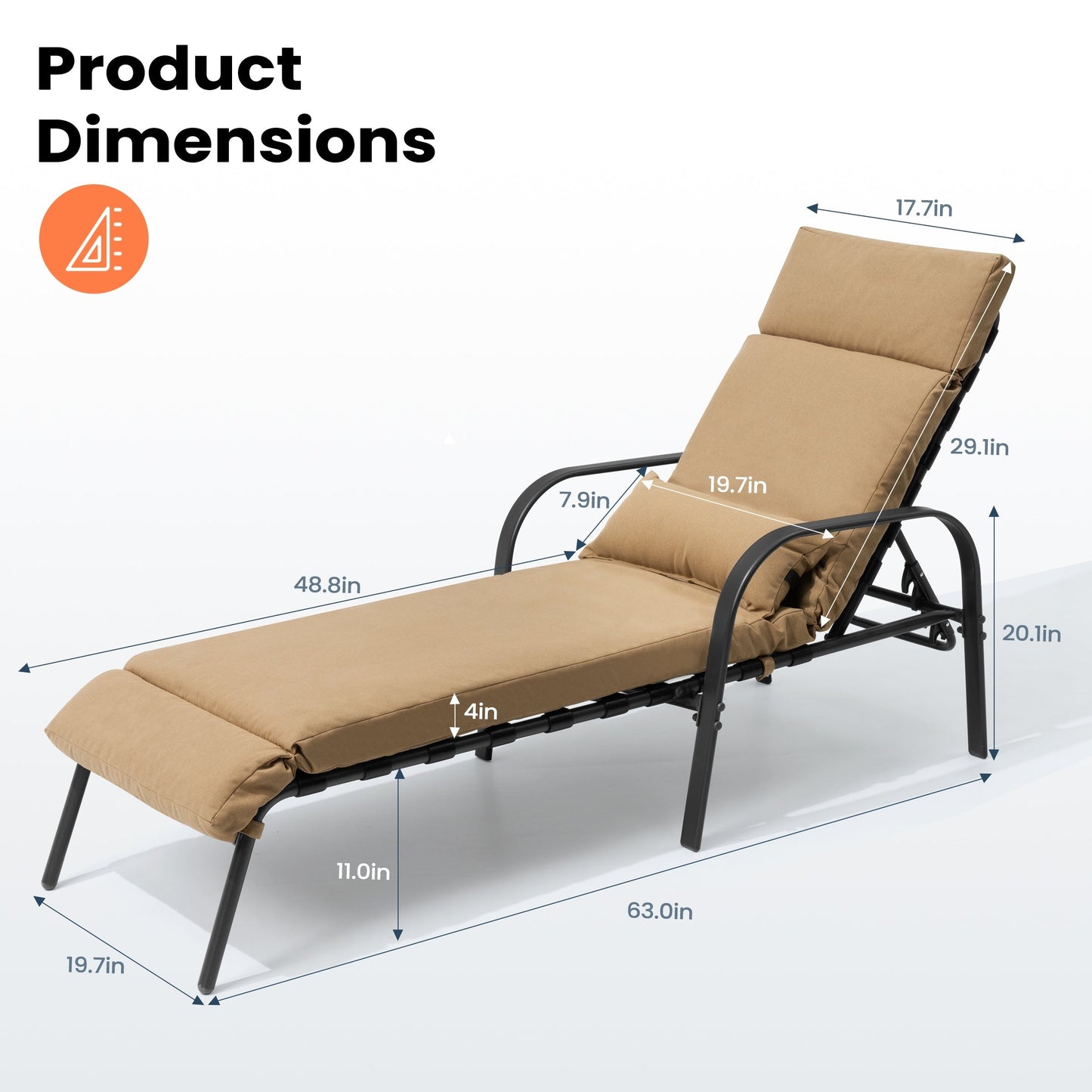 Outdoor Adjustable Patio Chaise Lounge Chair with Cushion Beach Poolside