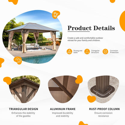 EROMMY Hardtop Gazebo,Outdoor Pergola with Double Roof & Netting & Curtains,Heavy Duty Canopy for Patio, Backyard, Pool party