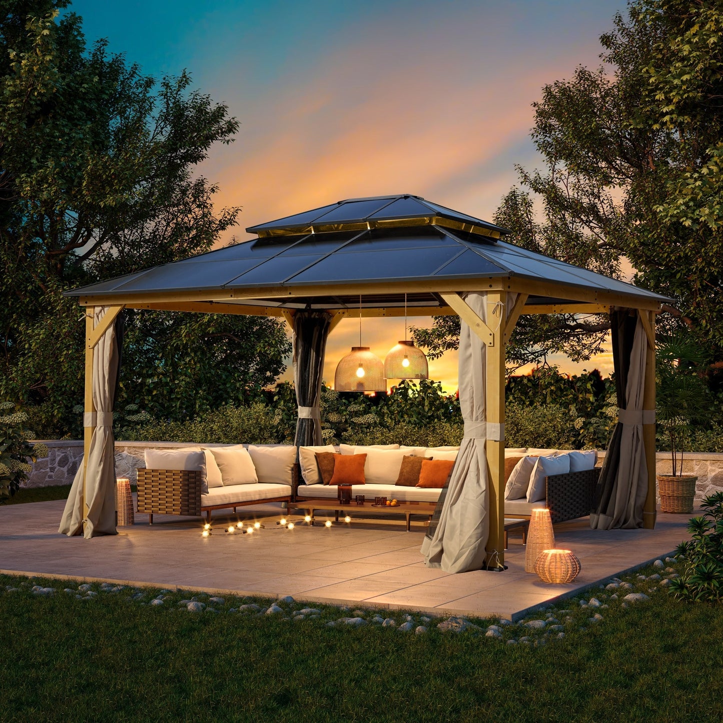 EROMMY Hardtop Gazebo,Outdoor Pergola with Double Roof & Netting & Curtains,Heavy Duty Canopy for Patio, Backyard, Pool party