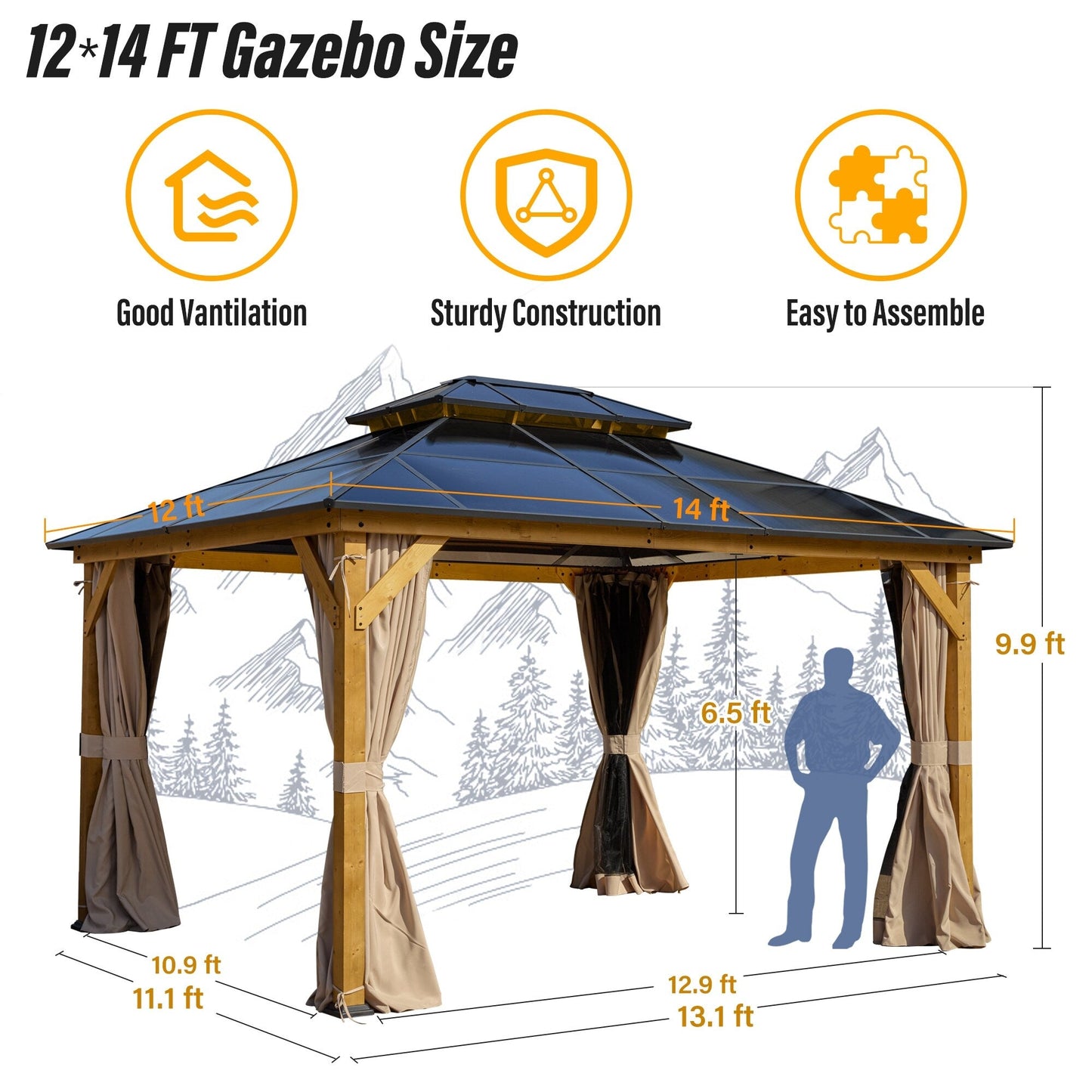 EROMMY Hardtop Gazebo,Outdoor Pergola with Double Roof & Netting & Curtains,Heavy Duty Canopy for Patio, Backyard, Pool party