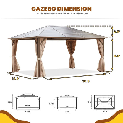 Hardtop Gazebo for Backyard – Permanent Pergola with Netting, Curtains & Double Roof, All-Weather Outdoor Shelter