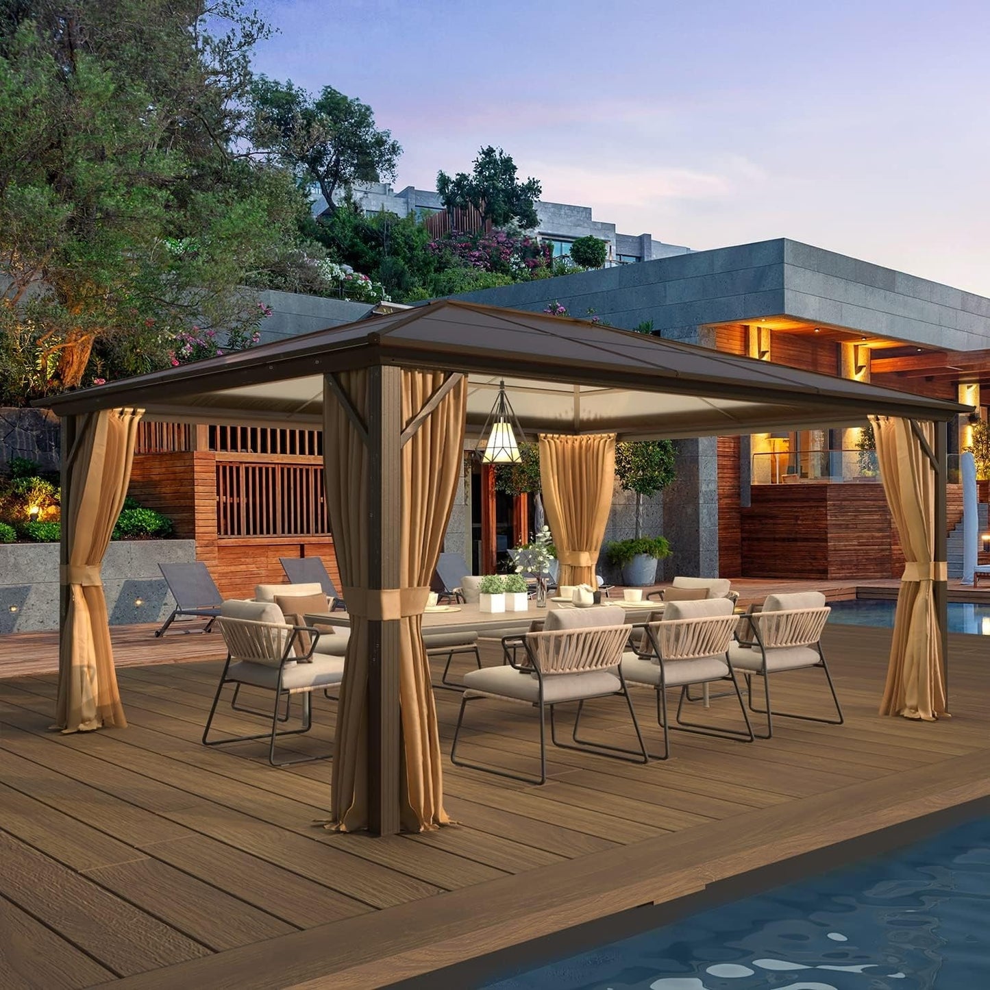 Hardtop Gazebo for Backyard – Permanent Pergola with Netting, Curtains & Double Roof, All-Weather Outdoor Shelter