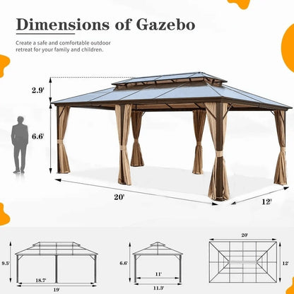 Hardtop Gazebo for Backyard – Permanent Pergola with Netting, Curtains & Double Roof, All-Weather Outdoor Shelter