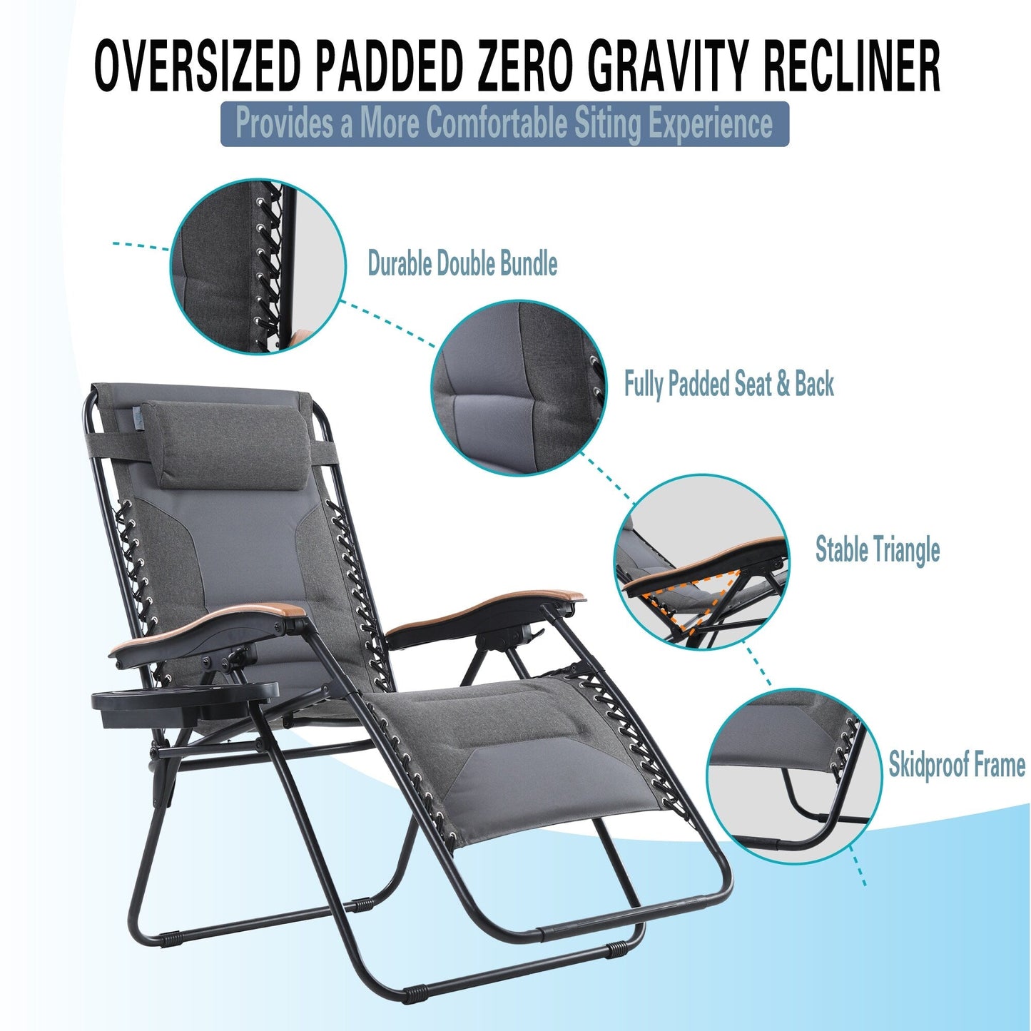 Oversize XL Padded Zero Gravity Lounge Chair Wider Armrest Adjustable Recliner with Cup Holder - N/A