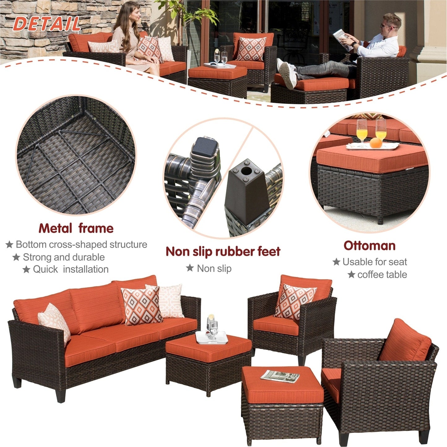 OVIOS 5-piece Patio Furniture Wicker Outdoor High-back Seating Set