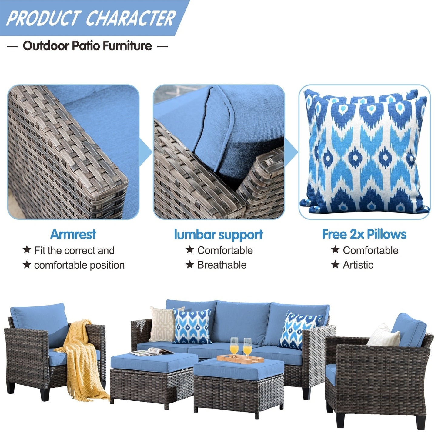 OVIOS 5-piece Patio Furniture Wicker Outdoor High-back Seating Set