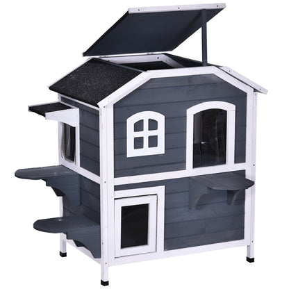 PawHut Fir Wood 2-Story Outdoor Cat House, Wooden Feral Cat Shelter with Openable Asphalt Roof for Indoor/Outdoor, White / Grey