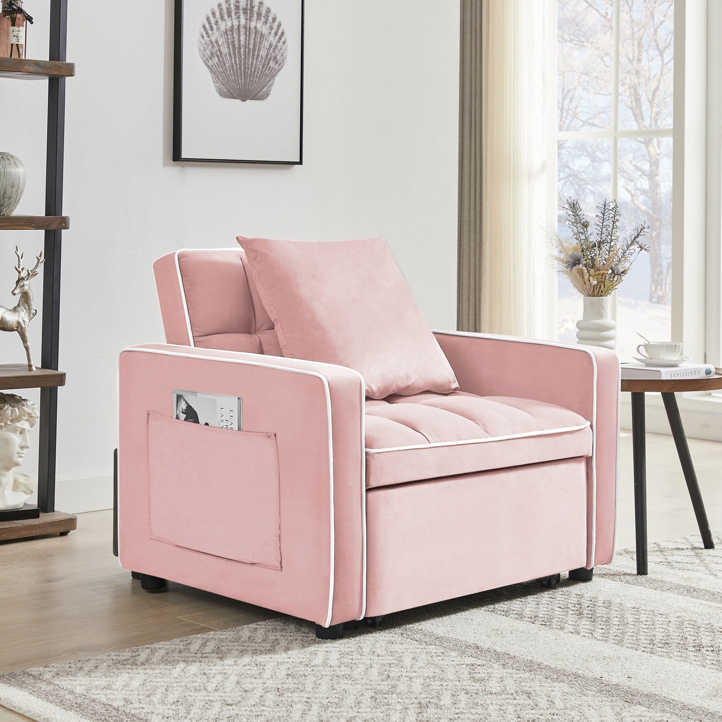 Pink Velvet Single Sofa Bed with Adjustable Back