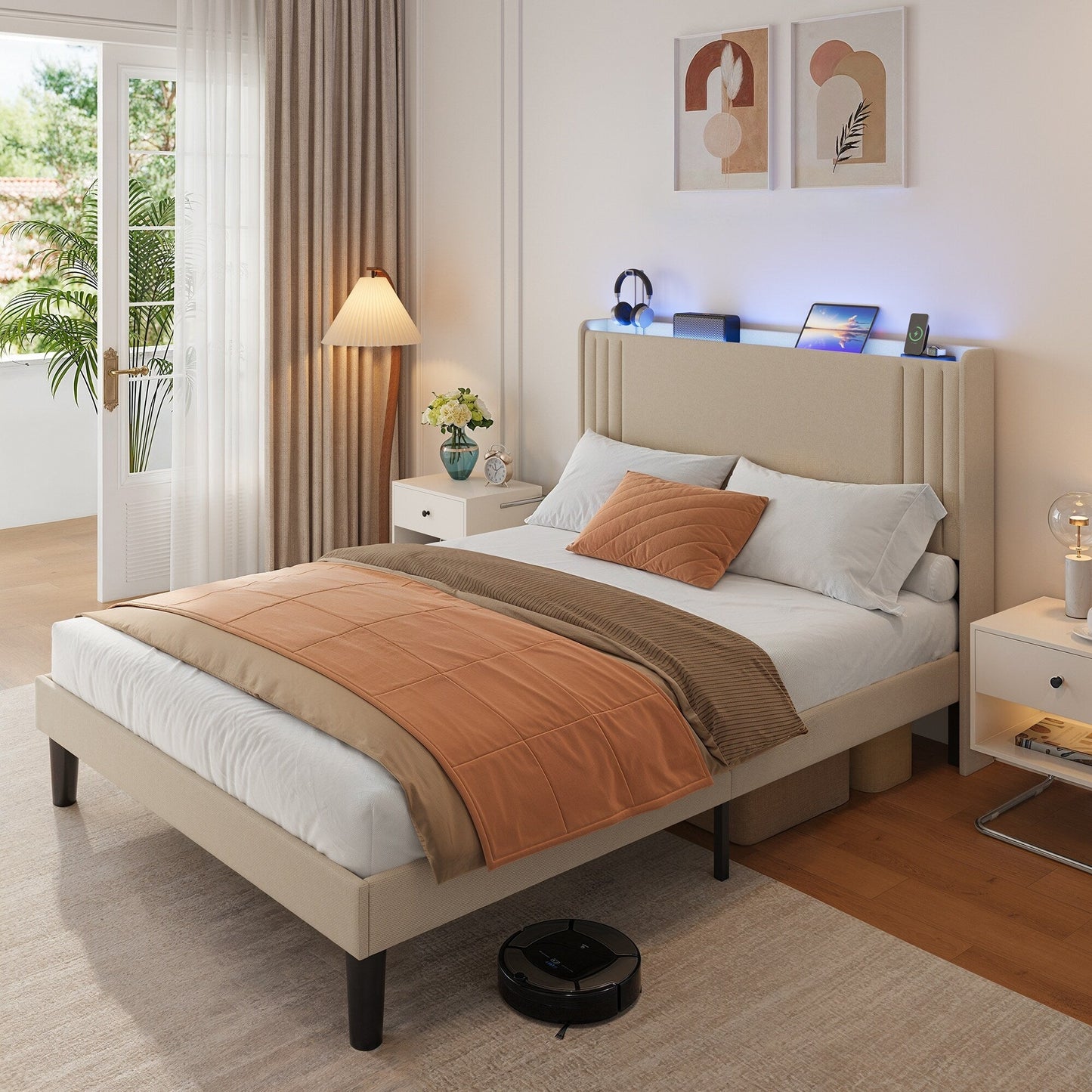 Queen/ Full Vertical Channels Upholstered Bed with Wingback Headboard