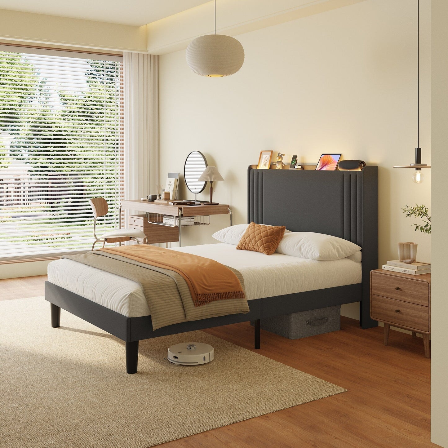 Queen/ Full Vertical Channels Upholstered Bed with Wingback Headboard