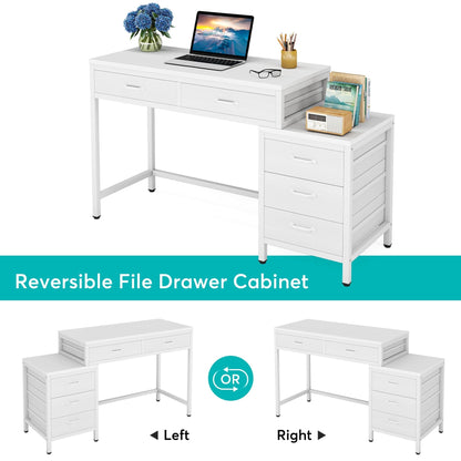 Reversible Computer Desk with 5 Drawers, Home Office Desk with File Cabinet Drawer Printer Stand