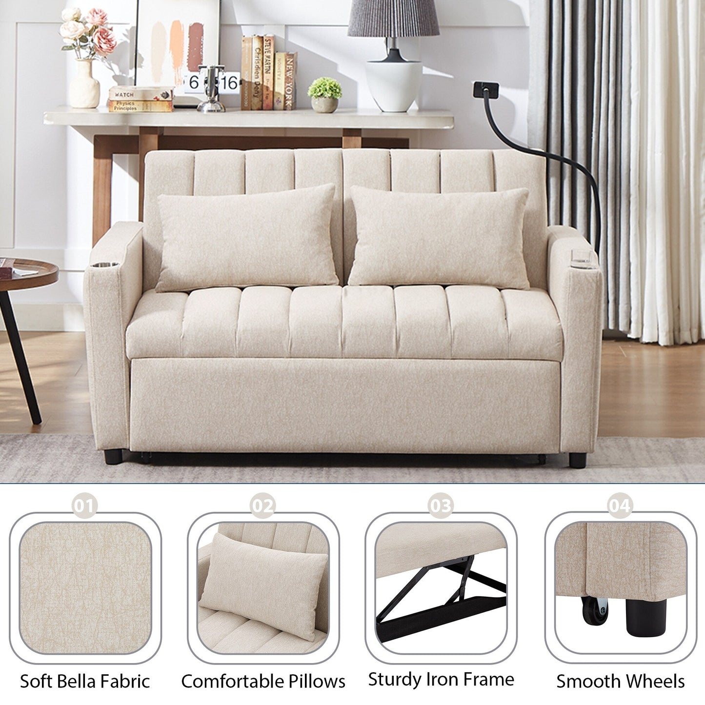 Roomfitters Convertible Loveseat Sofa Bed with USB Ports, Side Pockets, Cup Holders, and Swivel Phone Holder for Living Room