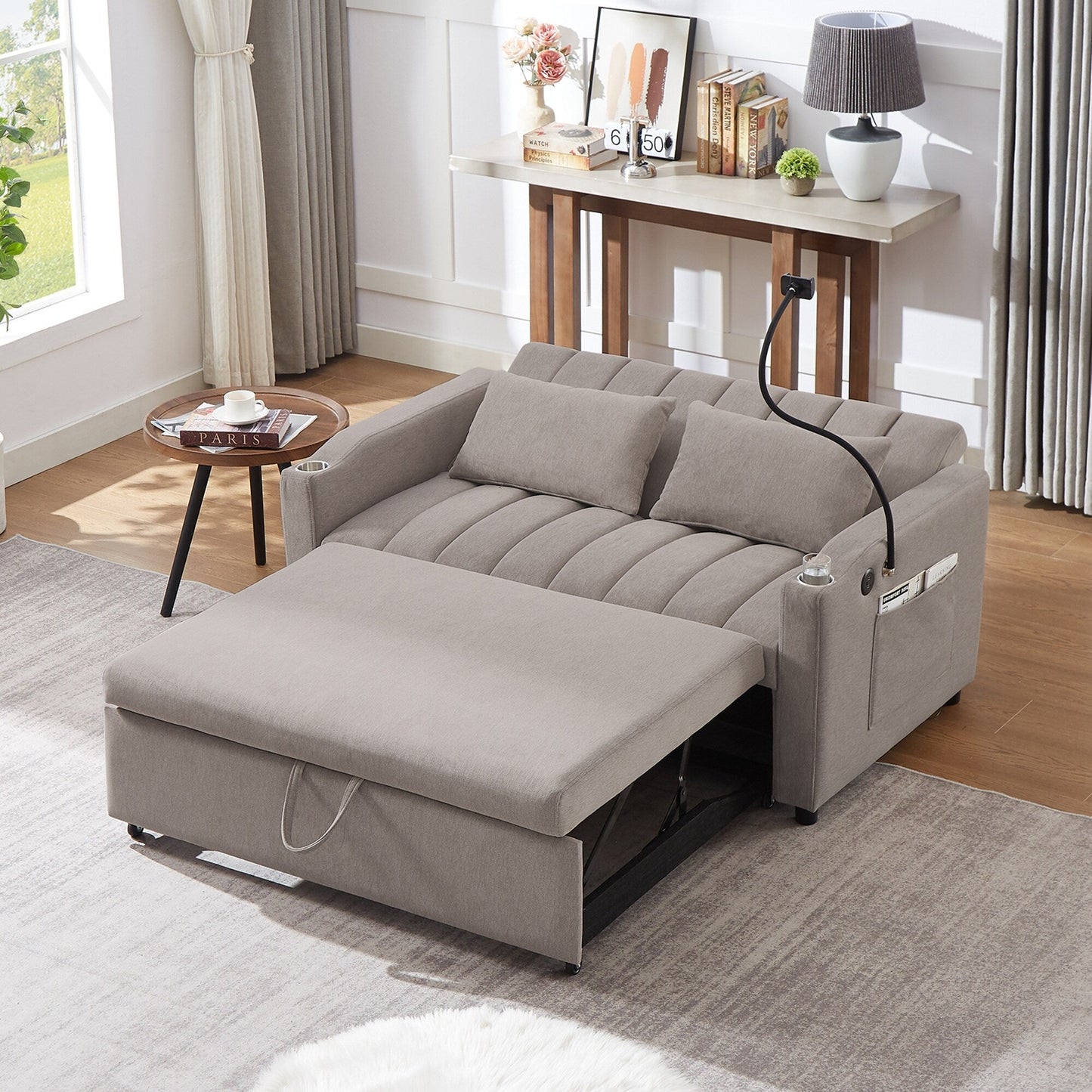 Roomfitters Convertible Loveseat Sofa Bed with USB Ports, Side Pockets, Cup Holders, and Swivel Phone Holder for Living Room