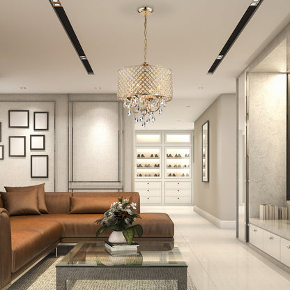 Round Beaded Drum Chandelier with Hanging Crystals