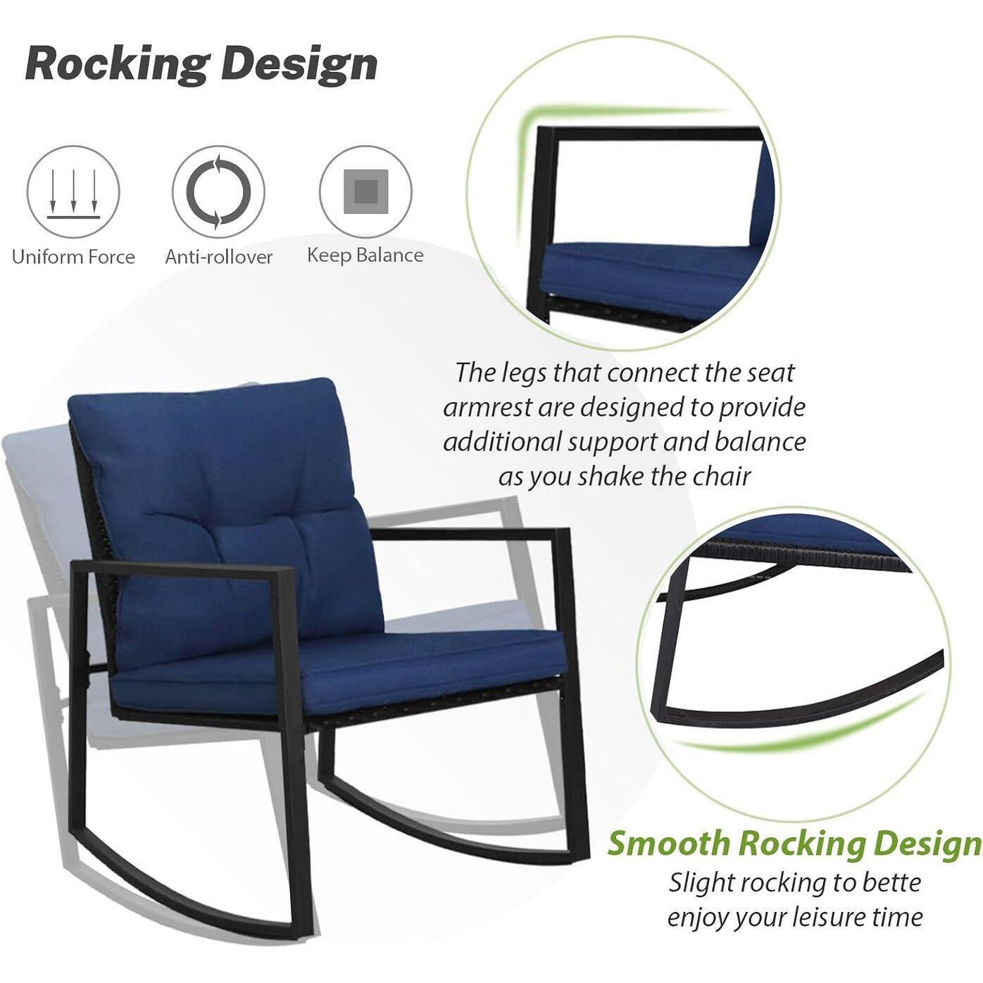 SUNCROWN 3-Piece Black Metal Outdoor Patio Rocking Bistro Set