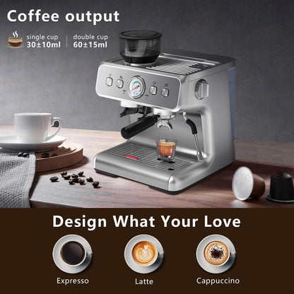 Semi-automatic Coffee Machine with Intelligent Temperature Control and Hot Water Function, 30 Grinding Settings