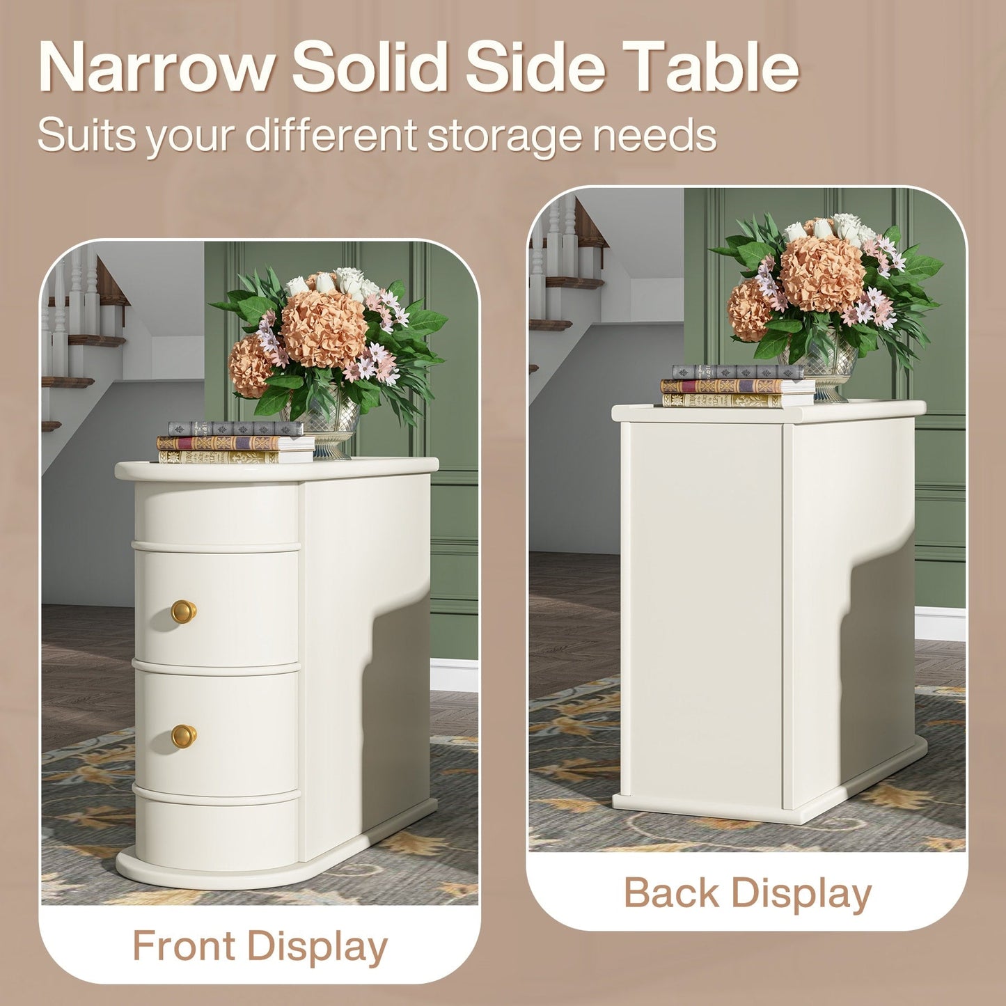 Solid Wood Chairside End Table, Two-Drawer Narrow Side Table Slim