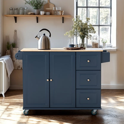 Sophia & William Kitchen Island Cart with Drop-Leaf and Rubber Wood Top, Rolling Kitchen Trolley Cart with Large Storage Cabinet
