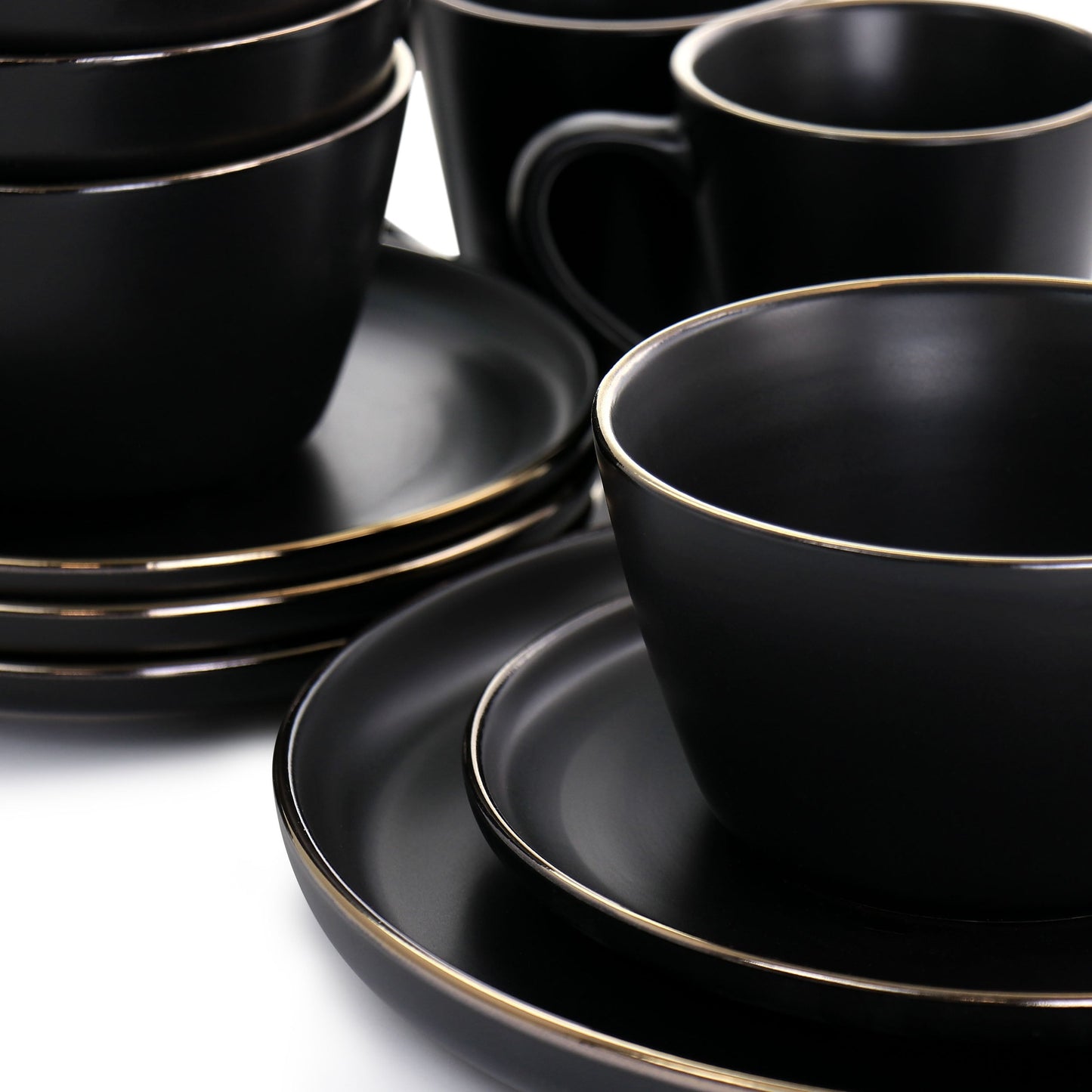 Stoneware Dinnerware 16 Piece Set in Black with Gold Rim