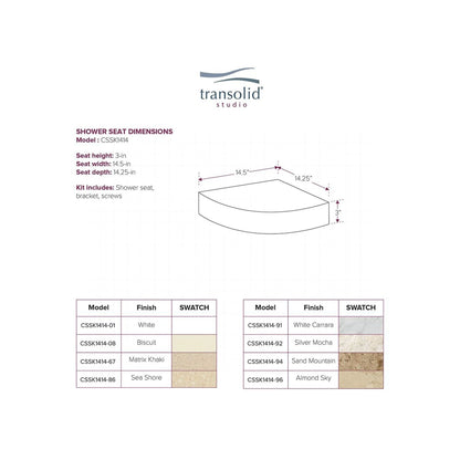 Transolid Studio 14-In X 14-In Solid Surface Wall-Mount Corner Shower Seat - 14.5 x 14.25 x 3