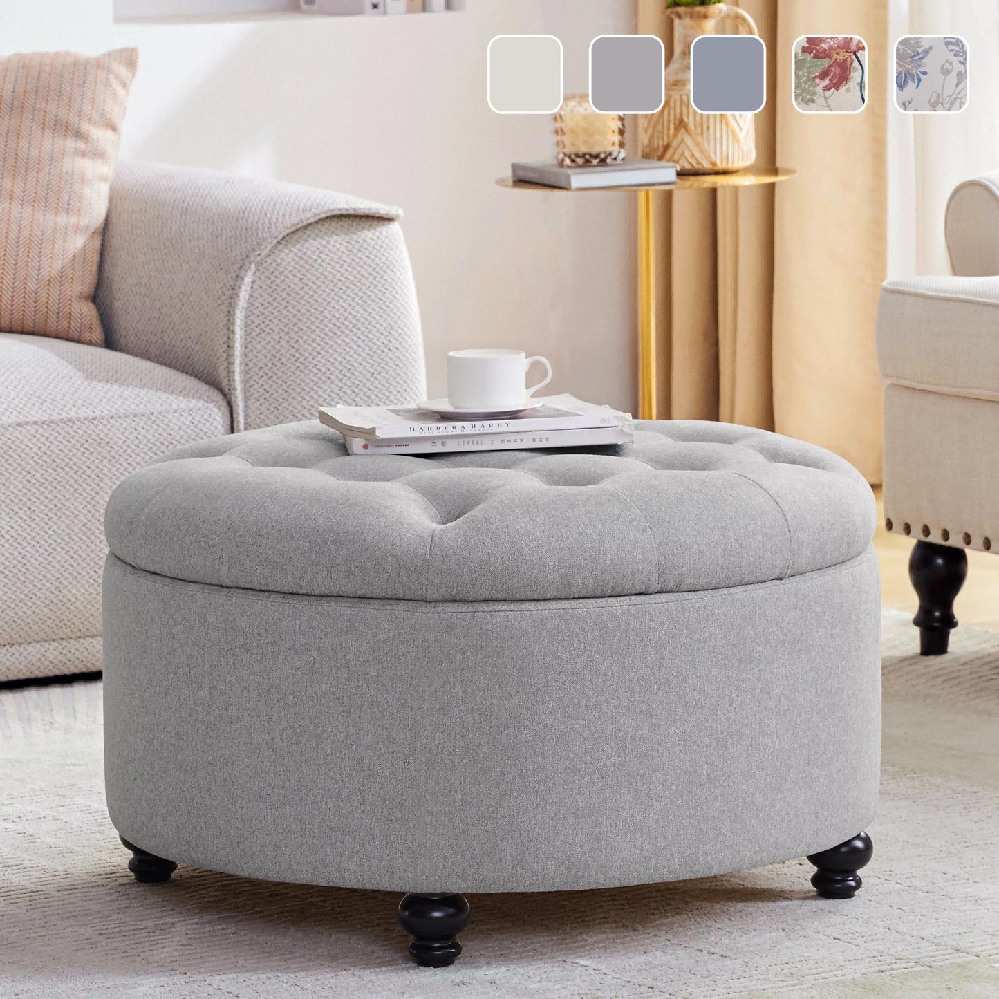 Tufted Large Round Storage Ottoman Footrest Beige/ Grey/ Blue