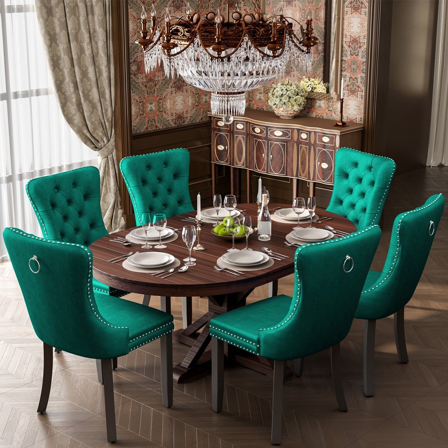 Upholstered Tufted Velvet Dining Chair with Solid Wood Legs Set of 6