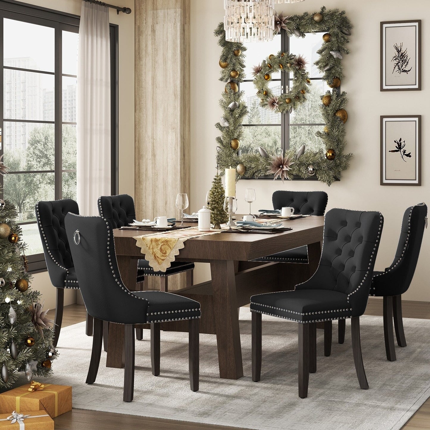 Upholstered Tufted Velvet Dining Chair with Solid Wood Legs Set of 6