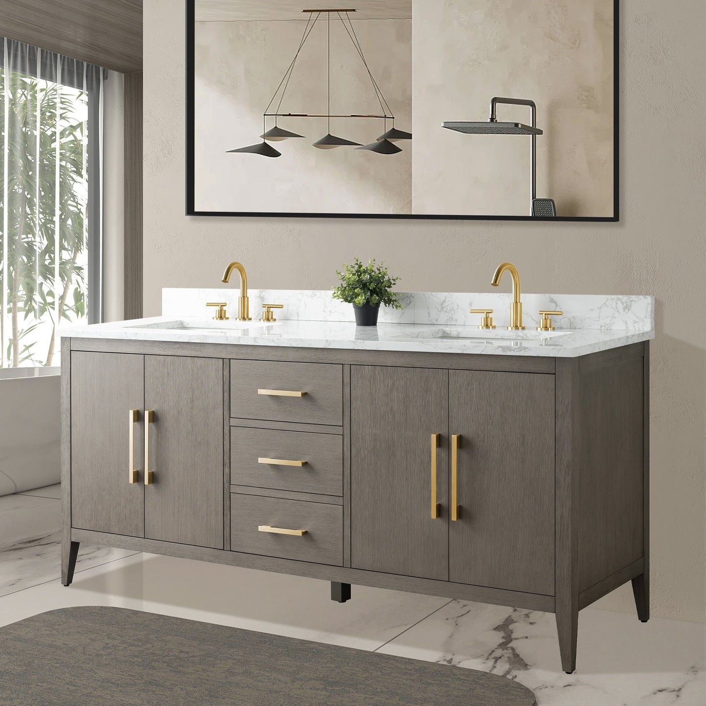 Vanity Art 72 Double Sink Bathroom Vanity Cabinet with Engineered Marble Top