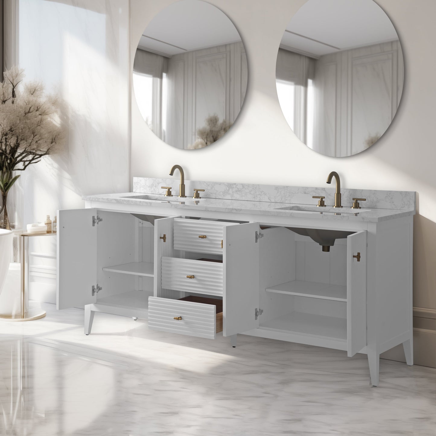 Vanity Art 72 Double Sink Bathroom Vanity Cabinet with Engineered Marble Top