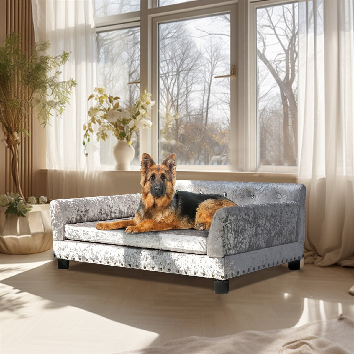Velvet Tufted Couch Pet Bed Upholstered with Removable Cushion