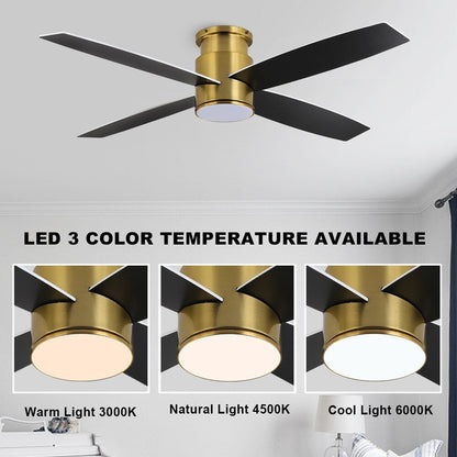 WINGBO 44/52 Inch Flush Mount DC Ceiling Fan with Lights and Remote, 4 Reversible Blades