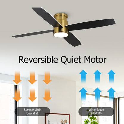 WINGBO 44/52 Inch Flush Mount DC Ceiling Fan with Lights and Remote, 4 Reversible Blades