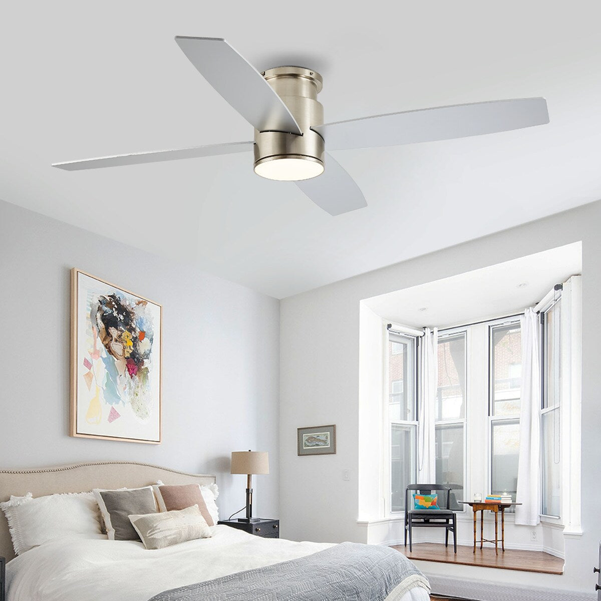 WINGBO 44/52 Inch Flush Mount DC Ceiling Fan with Lights and Remote, 4 Reversible Blades