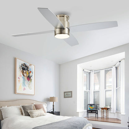 WINGBO 44/52 Inch Flush Mount DC Ceiling Fan with Lights and Remote, 4 Reversible Blades