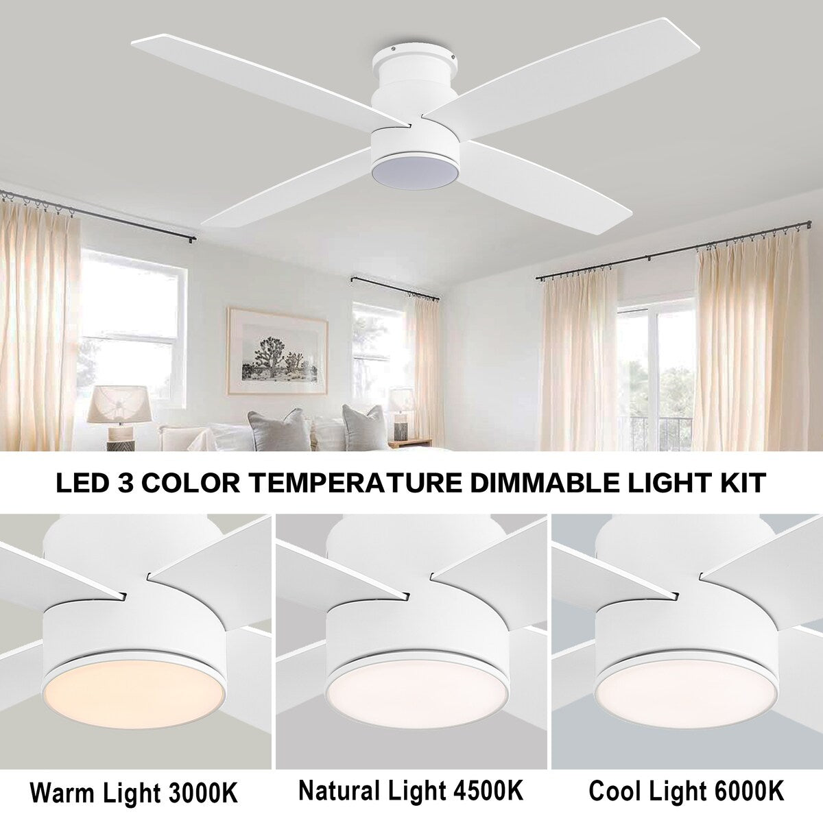 WINGBO 44/52 Inch Flush Mount DC Ceiling Fan with Lights and Remote, 4 Reversible Blades