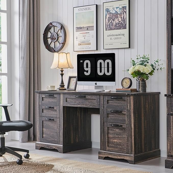 60 Farmhouse Executive Desk, Wood Home Office Desk, Computer Desk