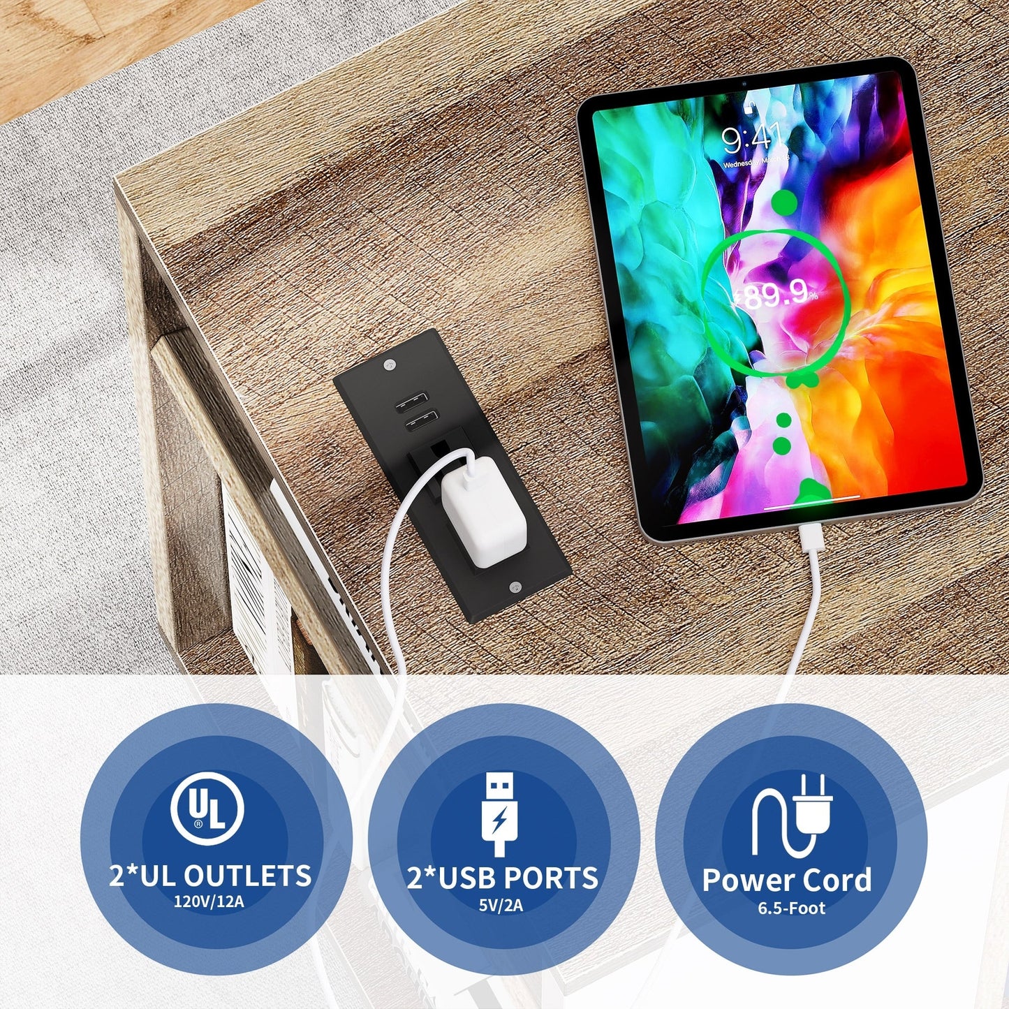 Wood File Cabinet with Charging Station Mobile Lateral Filing Cabinet Lockable Fits A4 Letter Legal Size Files